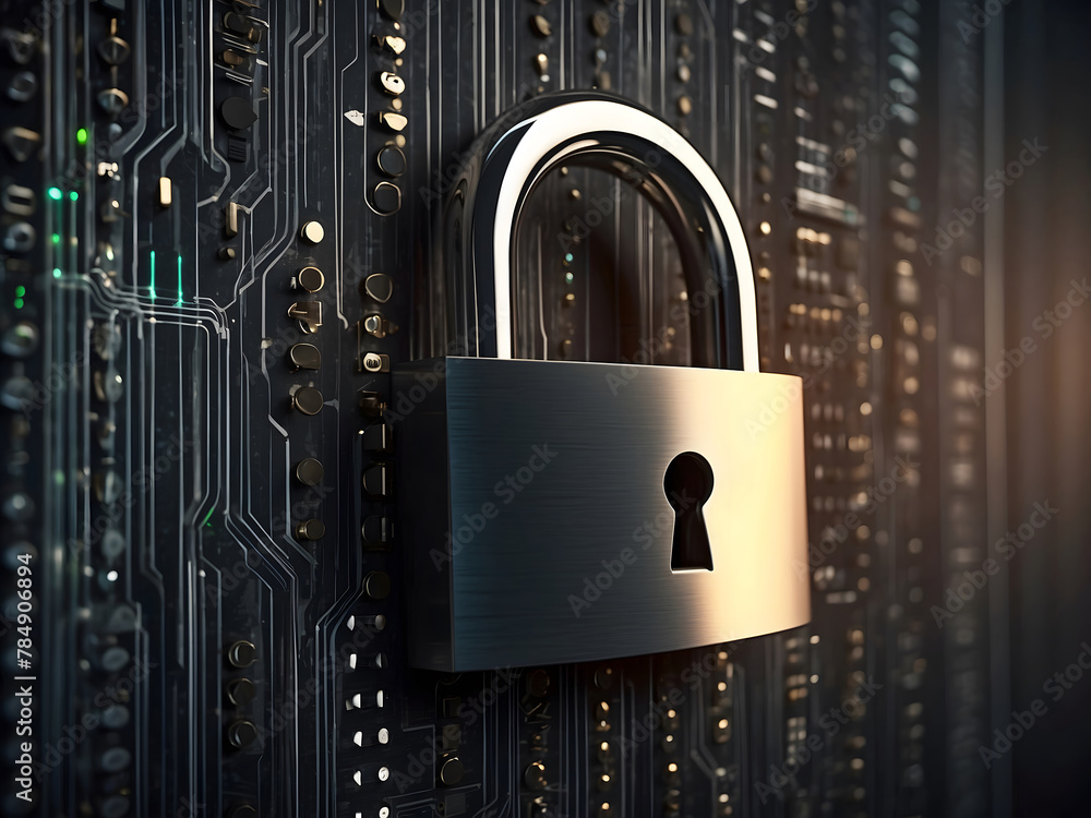 Poster a hyper-realistic image showcasing the concept of cybersecurity and privacy to protect data center, 
