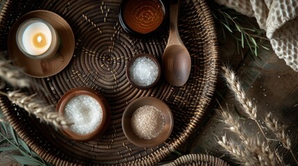 Top-view shot of a textured spa arrangement: woven tray, textured ceramic oil holder, textured bath salts, rough wooden spoon, and a flickering candle