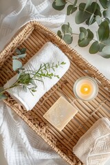 Fototapeta na wymiar Top-view shot of a woven bamboo tray with rolled towels, a bar of handmade soap, a sprig of eucalyptus, and a flickering candle