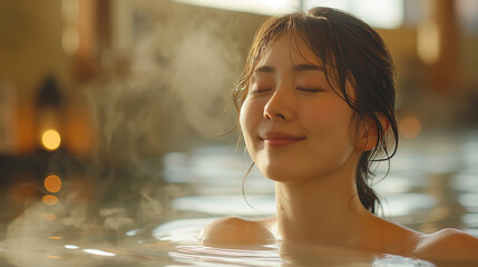 温泉に入る若い女性