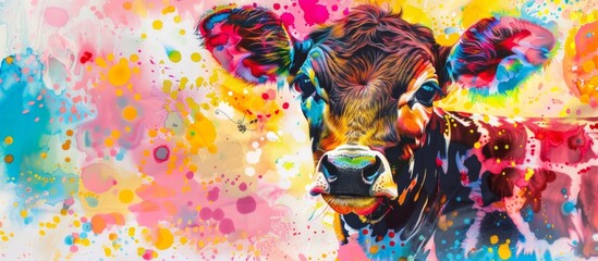 A lively painting featuring a cow against a colorful and dynamic background - obrazy, fototapety, plakaty