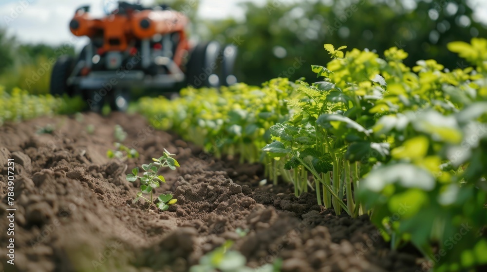 Poster robotic planters methodically planting seeds with unprecedented accuracy in a lush verdant field