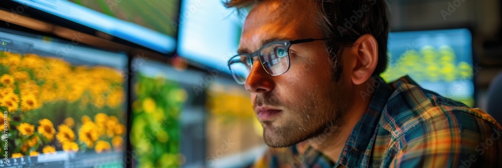 Poster analyst reviewing farm data analytics to optimize agricultural