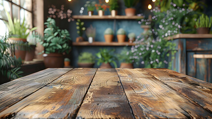 Wooden Table in Interior Garden Studio: Product Display Montage with Rustic Surface and Blurred Botanical Backdrop
