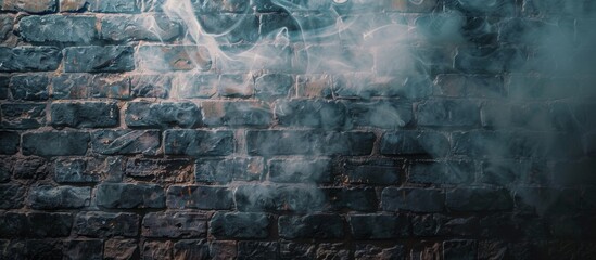 The dark room reveals billows of smoke emanating from a brick wall, creating an ominous atmosphere - obrazy, fototapety, plakaty