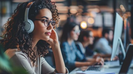 A woman wearing headphones is sitting at a desk with other people, Generative AI
