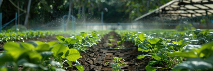 Fototapeta premium Smart Irrigation System Conserving Water and Nurturing Crops in a Lush Sustainable Agricultural Landscape