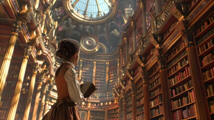 A woman is standing in a library with a book in her hand - obrazy, fototapety, plakaty