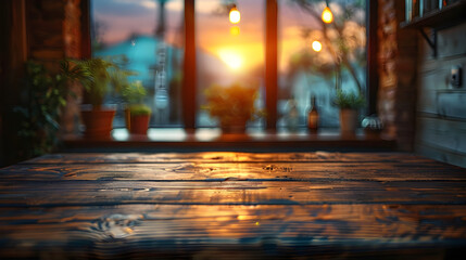 Fototapeta premium Wooden Table in Rustic Coffee Shop Glowing with Warm Sunset and Abstract Background