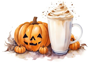 Halloween pumpkin milkshake with whipped cream. Watercolor illustration