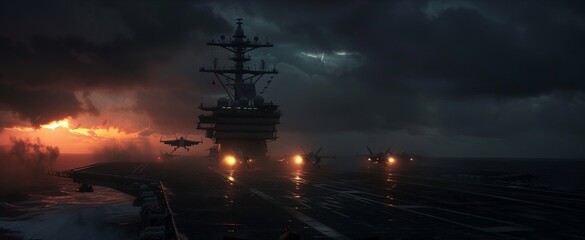 A dramatic depiction of a nighttime operation, with the carrier lit by strategic lighting and jets taking off into the dark sky, guided by the glow of their navigation lights.