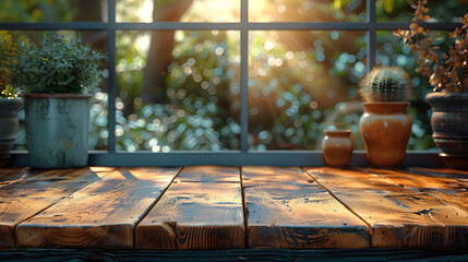 Wooden Table in Sunlit Garden Ideal Setting for Product Display