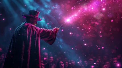 A man in a black robe is pointing a wand at a crowd of people - obrazy, fototapety, plakaty