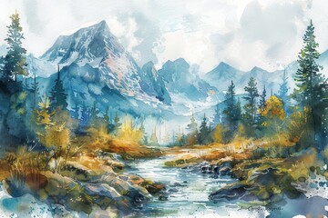 A painting of a mountain range with a river running through it - obrazy, fototapety, plakaty