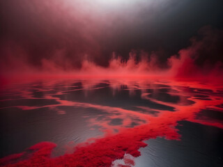 Abstract red fog enveloping a reflective floor—This is an abstract composition featuring red fog rolling over a dark, reflective surface, creating a surreal scene design.