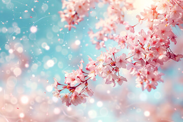 Pink cherry blossoms bloom in spring, decorating the tree branches with their beauty against the blue sky