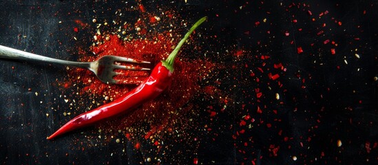 A close-up view of a shiny metal spoon resting next to a vibrant red chili pepper on a wooden table - obrazy, fototapety, plakaty
