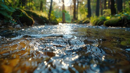 clear freshwater stream flowing through a forest