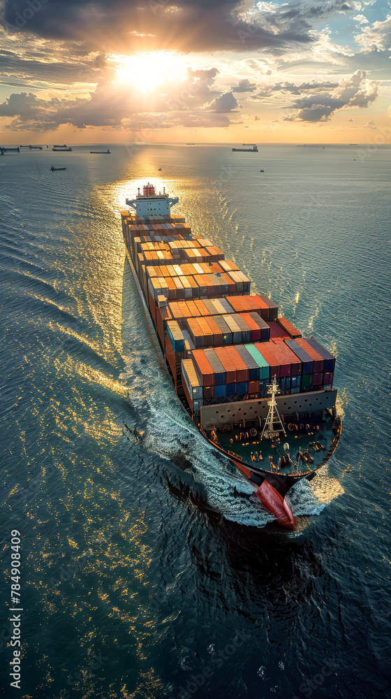 Wall mural container ship leaving port ocean, shipping transport at sea with the sunset in the background, mari