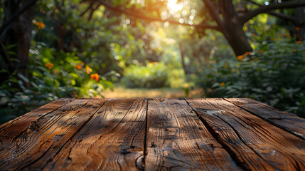 Wooden Table Surface Bathed in Sunlight with Abstract Blurred Garden Backdrop