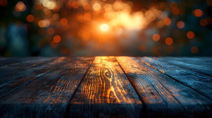 Wooden Table Surface Glowing with Bokeh Lights and Sunset Tones - Product Display Backdrop