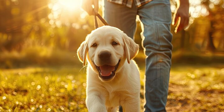 photo of man in blue jeans walking a puppy outdoors in golden hour