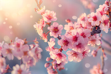 Pink Cherry Blossoms Blooming in Spring Sky