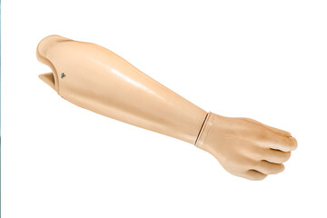 plastic prosthesis hand isolated on a white background. prosthetics arm, antique vintage body-powered upper limb prostheses