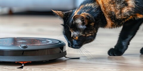 photo of cat chasing robot vacuum 