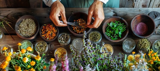 Detailed view of a naturopathic doctor preparing herbal remedies, highlighting the power of natural healing - obrazy, fototapety, plakaty