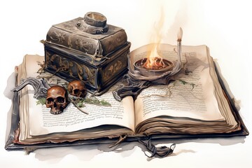 Vintage still life with old books, skull and candle on white background