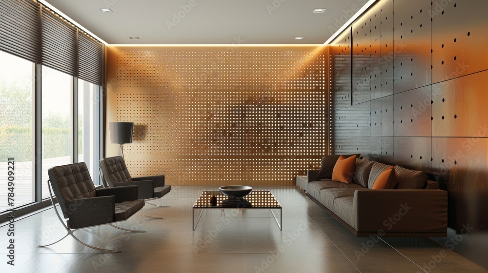 Aufkleber a sleek and modern living room features a perforated metal accent wall adding dimension and texture 