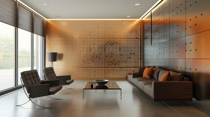 A sleek and modern living room features a perforated metal accent wall adding dimension and texture to the space. The metal panels allow light to seep through creating a soft diffused .