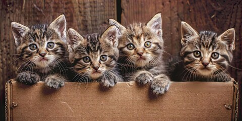 photo of cute kittens in a cardboard box, "FREE KITTENS" text on box 