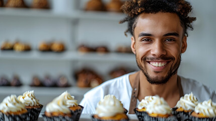 Young Black Baker Exuding Warmth and Expertise with Intricately Designed Cupcakes