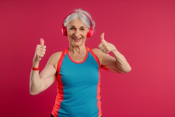 Fototapeta na wymiar Smiling Senior woman in sport outfit using a colorful headset with her thumbs up looking at the camera