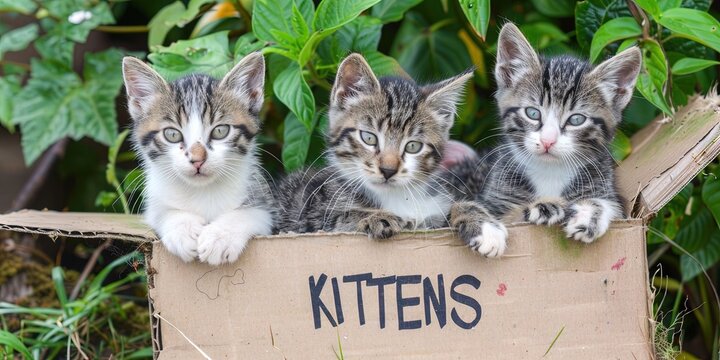 photo of cute kittens in a cardboard box, "FREE KITTENS" text on box 