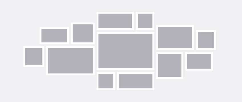 Mood board or photo collage template. Mosaic art grid arrangement. Grey picture frame horizontal composition. Wall gallery layout design concept for presentation, poster, mockup, banner, flyer. Vector