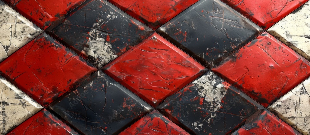 Aufkleber a detailed view of a floor with red and black tiles arranged in a white checkered pattern, creating 