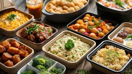 Assorted takeout dishes in eco-friendly packaging, highlighting convenience and variety in modern...