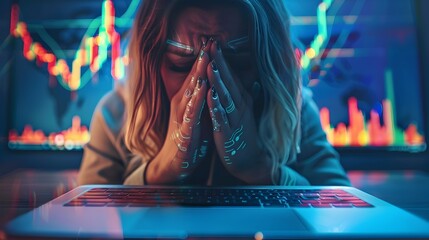 Despair Amidst Financial Crisis A Womans Hands Grasp the Market Crash on Her Laptop Generative ai - obrazy, fototapety, plakaty