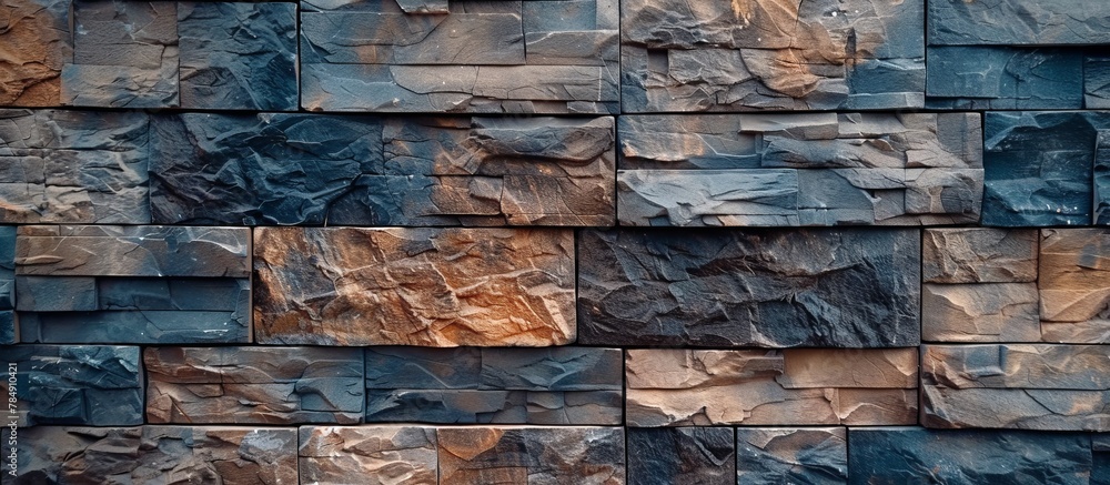 Poster a detailed view of a sturdy wall built using various colorful and textured rocks, creating a visuall