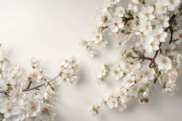 White cherry blossoms bloom on tree branches against a blue sky in spring