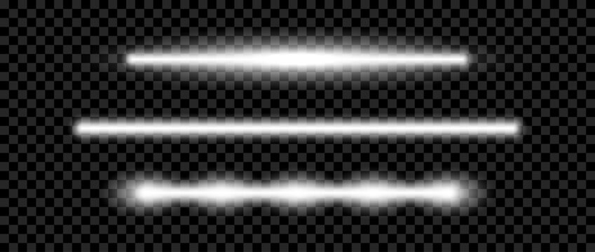 White neon tube lamp set. Glowing led light line beam collection. Luminous fluorescent bar stick lines bundle. Colorless strip element pack to divide, separate, decorate. Vector illustration