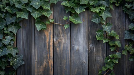 Ivy leaves embracing rustic wooden planks, showcasing nature's gentle takeover of manmade structures, concept of growth and harmony with nature