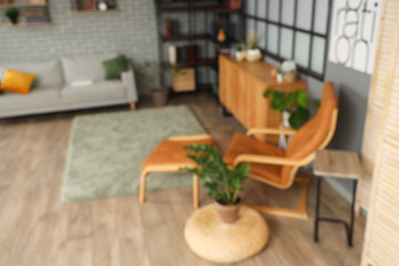 Blurred view of living room with armchair, drawers and bookshelf