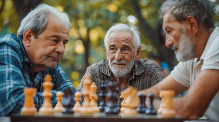 Senior friends deeply engaged in a chess game at a park, thoughtful strategies amidst natural surroundings, Concept of leisure in retirement and mental stimulation.