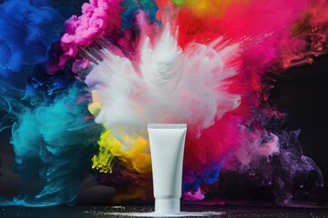 A tube of makeup is placed in front of a colorful explosion of smoke, Mock up tube, Generative AI