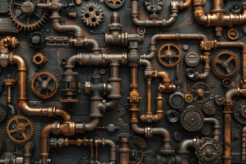 Industrial metal pipes, gears and cogwheels on steampunk dark background