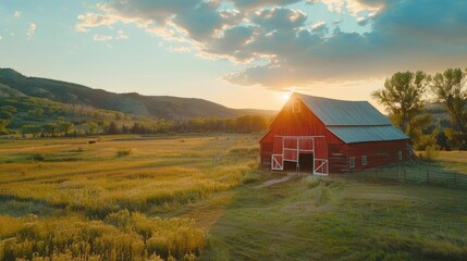 Fototapeta na wymiar Picturesque Rural Farmland with Iconic Red Barn at Scenic Countryside Sunset